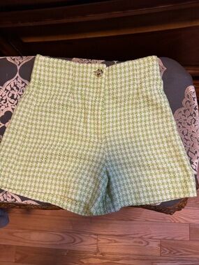 Zara High-Waist Tweed Shorts in Light Green and White